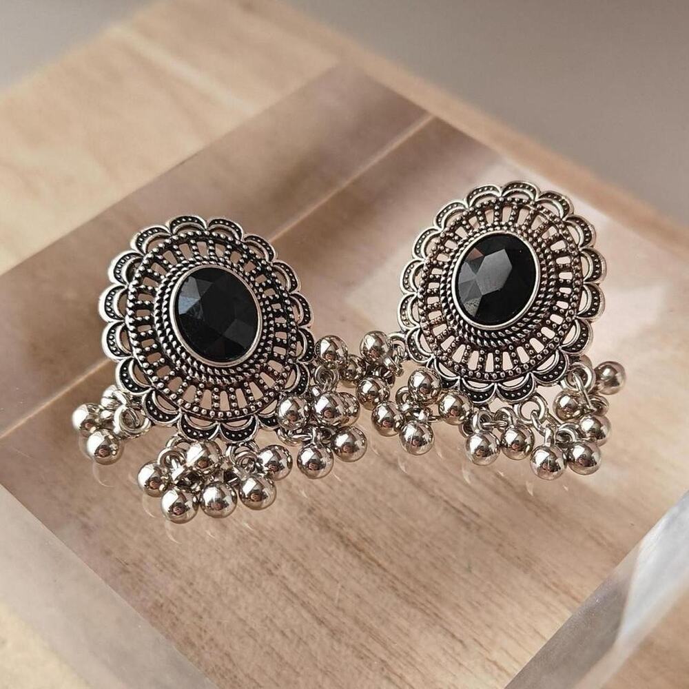 Boho India style silver tone and black post back dangle earrings